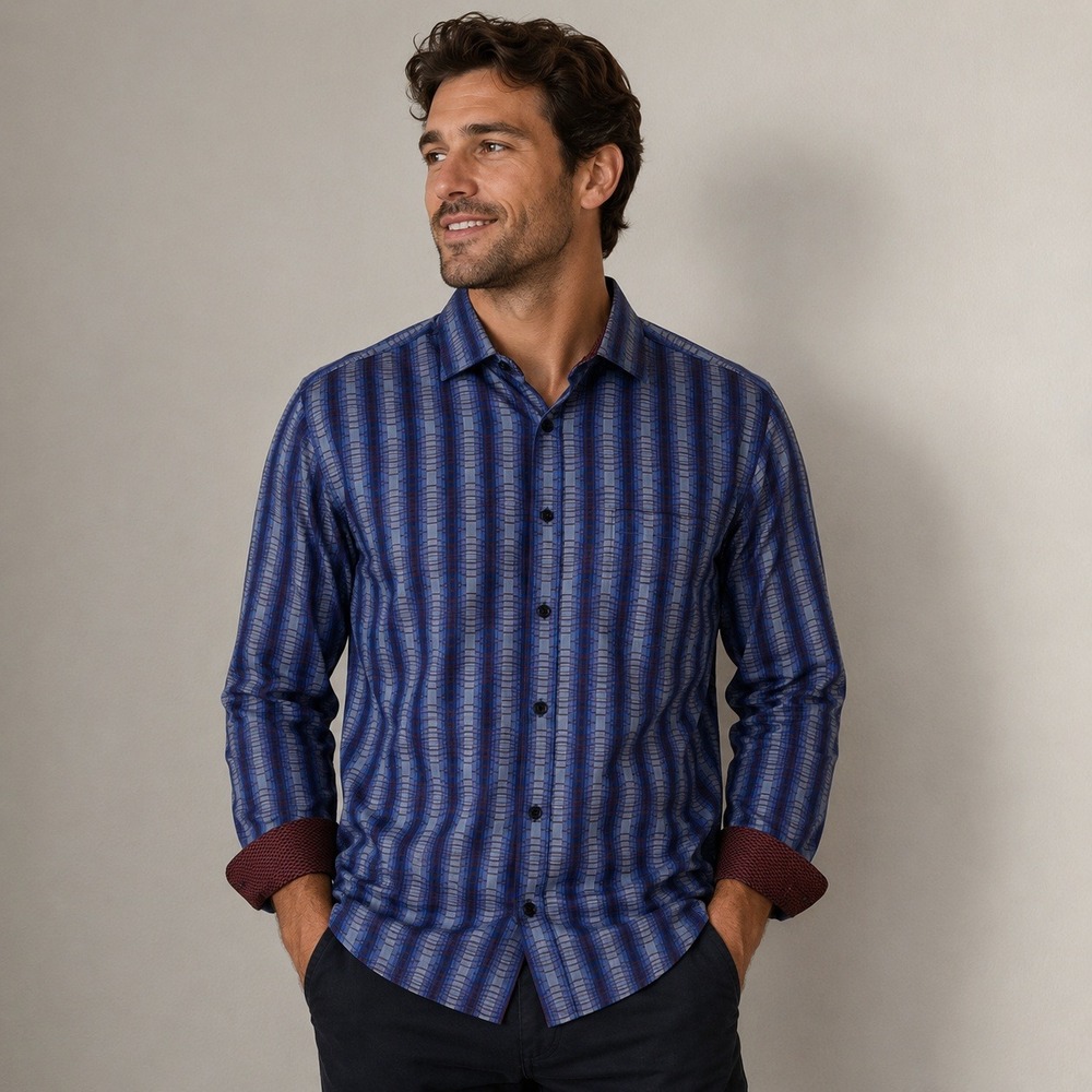 Bugatchi Uomo Mens Blue Brown Geometric Stripe Button Down Shirt Contrast Cuffs